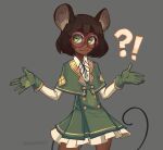  1girl absurdres artist_name blush bumblesteak closed_mouth dark-skinned_female dark_skin green_eyes grey_background highres long_hair looking_at_viewer mouse_tail nose olive_(bumblesteak) original signature simple_background skirt smile solo tail 