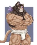 anthro asian_clothing body_hair brown_body brown_fur bulge chest_hair clothing crossed_arms east_asian_clothing eyebrows felid fundoshi fur hi_res japanese_clothing lifewonders lion live_a_hero male mammal muscular muscular_anthro n_hieshow pantherine pubes purple_eyes scar solo thick_eyebrows toshu underwear