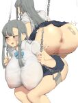  1girl absurdres anus ass bandaid bandaid_on_ass bandaid_on_leg blunt_bangs breasts grey_eyes grey_hair highres huge_breasts iljin_(minggoo) long_hair minggoo mole mole_on_ass no_panties original pleated_skirt pussy school_uniform sidelocks skirt sparkle swing 