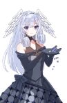  1girl bare_shoulders black_bow black_dress black_gloves bow breasts character_request check_character cleavage closed_mouth collarbone dress elbow_gloves feathered_wings flower gloves grey_hair hands_up head_wings highres long_hair medium_breasts melia_antiqua mo_equal_pu purple_eyes purple_flower see-through see-through_cleavage simple_background smile solo very_long_hair white_background white_wings wings xenoblade_chronicles_(series) xenoblade_chronicles_1 