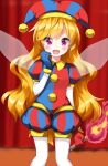  1girl :d blonde_hair blue_gloves blue_headwear blurry blurry_background blush clownpiece cosplay cowboy_shot eyes_visible_through_hair fire gloves hand_to_own_mouth hand_up hat highres holding holding_torch jester jester_cap jester_costume long_hair looking_at_viewer open_mouth pantyhose pomni_(the_amazing_digital_circus) pomni_(the_amazing_digital_circus)_(cosplay) puffy_short_sleeves puffy_sleeves purple_eyes red_gloves red_headwear ruu_(tksymkw) short_sleeves smile solo standing the_amazing_digital_circus torch touhou transparent_wings wavy_hair white_pantyhose wings 