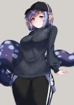  1girl absurdres black_pants black_sweater commission commissioner_upload dela_(teuthidan) grey_eyes grey_hair hat highres lizard_tail looking_at_viewer niniidawns original pants pointy_ears sweater tail thick_thighs thighs 