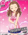  :d ^_^ artist_request bracelet brown_hair card_(medium) character_name closed_eyes curly_hair flower_(symbol) idolmaster idolmaster_cinderella_girls jewelry long_hair official_art open_mouth pink_background seki_hiromi smile solo 