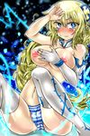  blonde_hair blue_eyes blush breasts cameltoe detached_collar elbow_gloves gloves hair_ornament highres large_breasts long_hair looking_at_viewer nipples no_pants panties puzzle_&amp;_dragons solo striped striped_panties thighhighs topless underwear unsui_(inamint) valkyrie_(p&amp;d) very_long_hair water_valkyrie_(p&amp;d) 