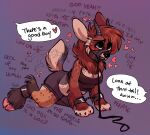 &lt;3 2022 aliasing all_fours alternate_species ankle_cuffs anthro bdsm black_claws black_leash black_nose black_text blue_eyes blush bodily_fluids bottomwear breasts brown_body brown_fur brown_hair canid canine canis claws cleavage clothed clothing cloven_hooves collar cuff_(restraint) deer dialogue digital_drawing_(artwork) digital_media_(artwork) domestic_dog english_text fangs female finger_claws full-length_portrait fully_clothed fur grey_body grey_bottomwear grey_clothing grey_collar grey_fur grey_horn grey_shorts hair handcuffed handcuffs handpaw handwritten_text hi_res hooves horn hybrid inner_monologue leash leashed_collar mammal metal_cuffs midriff muzzle_(object) muzzled nonbinary_(lore) paws pet_praise petplay pink_hooves portrait praise purple_background purple_text raised_tail red_blush restraints roleplay shorts signature simple_background snout solo speech_bubble sweat sweatdrop tail tail_motion tailwag tan_body tan_fur tansy_(tansydrawsnsfw) tansydrawsnsfw teeth text trans_(lore) trans_man_(lore) unguligrade