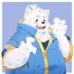anthro blue_eyes blush canid canine canis clothing domestic_dog fur hair jumpsuit lifewonders live_a_hero male mammal nordic_sled_dog overweight ponytail samoyed sijiao007 smile solo spitz white_body white_fur yohack zipper