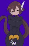  1girl absurdres aile_(mega_man_zx) black_bodysuit black_eyes blue_background blush bodysuit breasts brown_hair buzzlyears covered_navel highres large_breasts long_hair mega_man_(series) mega_man_zx mega_man_zx_advent ponytail robot_ears smug solo upper_body 