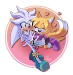  1boy 1girl absurdres angiethecat animal_ears black_skirt blonde_hair boots brown_eyes closed_eyes fox_tail furry furry_female furry_male gloves green_footwear heart highres jewelry long_hair necklace open_mouth purple_footwear purple_shirt ryne_(catoust) shirt signature silver_the_hedgehog skirt sonic_(series) tail teeth upper_teeth_only white_gloves 