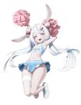  1girl :d animal_ears arms_up blue_hair cheerleader commentary flat_chest full_body hair_ornament hantata highres jumping long_hair multicolored_hair navel pink_eyes pleated_skirt pom_pom_(cheerleading) rabbit_ears remind shoes simple_background skirt smile sneakers solo sports_bra star_sticker sticker_on_stomach stomach streaked_hair twintails two-tone_hair virtual_youtuber white_background white_footwear white_hair 