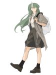  1girl absurdres arknights backpack bag black_skirt black_socks bright_pupils brown_footwear chinese_commentary coat commentary_request green_hair grey_coat hair_over_one_eye highres horns hoshiguma_(arknights) loafers long_hair pointy_ears scar scar_on_face shirt shirt_tucked_in shoes simple_background single_horn skirt socks solo watch white_background white_pupils white_shirt wristwatch yanlingjinshilihuahua yellow_eyes 
