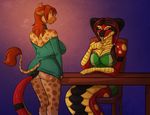  anthro big_breasts black_hair bottomless breasts brown_hair butt chair cleavage clothed clothing duo female giraffe hair kadath long_tongue mammal naga piercing puzzle_(character) red_hair reptile scalie sitting snake standing table tongue two_tone_hair 