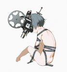  1girl ass camera completely_nude cyborg expressionless eyeball film_strip grey_hair highres nude original ryuuforkaf short_hair simple_background sitting solo white_background 