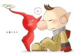  1boy backpack bad_id bad_pixiv_id bag big_nose blush brown_hair buttons closed_eyes colored_skin flower from_side full_body gloves heart kiss kissing_nose male_focus no_headwear no_mouth olimar parted_lips pikmin_(creature) pikmin_(series) pointy_ears pointy_nose red_bag red_gloves red_pikmin red_skin shadow short_hair simple_background sitting smile spacesuit spoken_heart very_short_hair white_background white_flower yorumatsu 