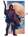  1boy armor blue_sky boba_fett colin_craker full_body gun highres holding holding_gun holding_weapon looking_at_viewer mandalorian mandalorian_armor mandalorian_helmet moon sky smoke smoking_gun solo star_wars weapon 