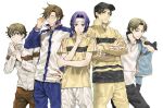  5boys adjusting_eyewear atobe_keigo baseball_cap black_hair blonde_hair blue_eyes blue_hair brown_eyes brown_hair crossed_arms furrowed_brow glasses hand_on_own_chin hand_on_own_hip hands_on_own_chest hat highres holding holding_clothes holding_jacket jacket kaneshiki_suisse looking_at_viewer mizuki_hajime mole mole_under_eye multiple_boys open_mouth sanada_gen&#039;ichirou short_hair smile sportswear sweatdrop tennis_no_ouji-sama tennis_uniform tezuka_kunimitsu track_suit white_background yukimura_seiichi 