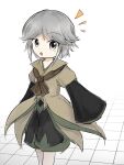  1other androgynous ascot brown_ascot brown_coat coat grey_eyes grey_hair highres houlen_yabusame kuroda_(kurota_ne) layered_sleeves len&#039;en long_sleeves looking_at_viewer other_focus puffy_short_sleeves puffy_sleeves short_hair short_over_long_sleeves short_sleeves shorts solo white_background wide_sleeves 