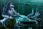  abs amazing biceps big_muscles blue_fur canine car clothing duo fangs fur handgun jacket magolobo male mammal muscles pants pecs silencer teeth text white_fur wolf 