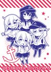  :&lt; akatsuki_(kantai_collection) anchor_symbol fang folded_ponytail hair_ornament hairclip hat hibiki_(kantai_collection) ikazuchi_(kantai_collection) inazuma_(kantai_collection) kantai_collection kashiwadokoro long_hair looking_at_viewer monochrome multiple_girls neckerchief open_mouth school_uniform serafuku short_hair skirt smile star thighhighs wavy_mouth 