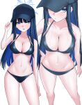  1girl alternate_costume baseball_cap bikini black_bikini black_hair blue_archive blue_hair blush breasts cleavage collarbone colored_inner_hair feet_out_of_frame halo hat highres large_breasts long_hair looking_at_viewer multicolored_hair multiple_views navel nichijo saori_(blue_archive) simple_background stomach straight_hair sweat swimsuit two-tone_hair very_long_hair white_background 