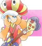  1girl bass_guitar blue_eyes dress hat holding holding_instrument instrument long_hair looking_at_viewer mona_(warioware) official_art orange_hair red_dress red_wristband smile star_(symbol) striped_clothes striped_headwear takeuchi_kou third-party_source warioware warioware:_get_it_together! wristband 