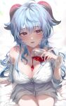  1girl absurdres alcohol arin_art bare_shoulders blue_hair blush breasts buttons collarbone collared_shirt cup drinking_glass fang fangs fingernails ganyu_(genshin_impact) genshin_impact glass goat_horns hair_between_eyes hand_up highres holding holding_cup horns large_breasts long_fingernails long_hair long_sleeves looking_at_viewer multicolored_eyes open_mouth purple_eyes shirt sidelocks simple_background sitting solo white_background white_shirt wine wine_glass yellow_eyes 