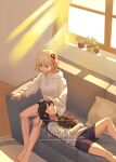  2girls absurdres arm_rest bare_legs barefoot black_hair black_shorts blonde_hair brown_cat cactus cat closed_eyes closed_mouth couch curtains day drawstring flower from_above hair_ribbon hand_on_own_stomach headpat highres hood hood_down hoodie indoors inoue_takina knee_up lap_pillow light_rays long_hair long_sleeves looking_at_another lycoris_recoil lying multiple_girls nishikigi_chisato on_back pillow plant potted_plant r_bishh red_eyes red_ribbon ribbon shirt short_hair shorts sidelocks sitting sleeping_animal smile sunlight watermark white_hoodie white_shirt window yuri 