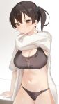  1girl black_hair black_panties black_sports_bra blush breasts brown_eyes cleavage closed_mouth clothes_lift commentary_request highres kaga_(kancolle) kantai_collection large_breasts looking_at_viewer midriff navel panties sakieko shirt shirt_lift side_ponytail simple_background solo sports_bra underwear v-shaped_eyebrows white_background white_shirt 