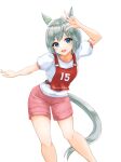  1girl animal_ears arm_up blue_eyes character_name commentary ear_covers grey_hair gym_shirt gym_shorts gym_uniform highres horse_ears horse_girl kemuri_(etep3372) looking_at_viewer open_mouth pink_shorts race_bib seiun_sky_(umamusume) shirt short_hair short_sleeves shorts simple_background single_ear_cover smile solo standing t-shirt translated umamusume w white_background white_shirt 