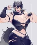  1girl animal_ears arm_tattoo black_gloves black_hair black_nails breasts character_request cleavage copyright_request cowboy_shot fang fingerless_gloves gloves gram_quartz highres large_breasts muscular muscular_female open_mouth short_hair simple_background solo tail tattoo white_background wolf_ears wolf_girl wolf_tail yellow_eyes 