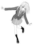  1girl :d backpack bag blush commentary greyscale highres inkdaisuki jacket leaning_forward loafers long_sleeves looking_at_viewer medium_hair monochrome necktie original outstretched_arms pleated_skirt school_uniform shoes simple_background skirt smile socks solo spread_arms standing standing_on_one_leg vest white_background 