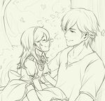  1girl bow bug butterfly child closed_eyes dress father_and_daughter fire_emblem fire_emblem:_kakusei greyscale insect krom lucina monochrome smile tiara tree tusia younger 