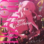  1girl birthday_connection blue_eyes bocchi_the_rock! confetti copyright_notice electric_guitar gotoh_hitori guitar hair_ornament happy_birthday highres holding holding_guitar holding_instrument instrument long_hair music official_art pink_hair pink_track_suit playing_instrument straight_hair 
