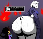 age_difference anthro big_butt bodily_fluids boss_monster_(undertale) bovid butt caprine clothed clothing curvy_figure dialogue duo english_text female frisk_(undertale) fur goat hi_res huge_butt human hyper hyper_butt larger_female looking_back male male/female mammal mature_female partially_clothed pauseprogress presenting presenting_hindquarters size_difference smaller_male speech_bubble sweat sweaty_butt text toriel undertale undertale_(series) voluptuous white_body white_fur wide_hips