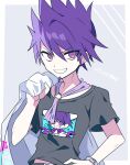  1boy black_shirt character_print danganronpa_(series) danganronpa_v3:_killing_harmony facial_hair goatee grin hair_between_eyes hand_on_own_hip hand_up highres holding momota_kaito o-ring pink_eyes pink_hair self_character_print shirt short_sleeves smile solo spiked_hair teeth todoroki_gk2 upper_body watch wristwatch 