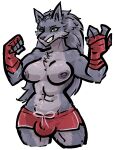 5_fingers alpha_channel anthro areola biped bottomwear breasts bulge canid canine canis clothed clothing countershade_face countershade_fur countershade_neck countershade_torso countershading fingers fur grey_body grey_fur gynomorph intersex jam_(artist) mammal nipples shorts simple_background topless topless_anthro topless_gynomorph topless_intersex transparent_background wolf