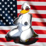 american_flag anatid anseriform anthro arm_tuft avian beak big_breasts bird black_nipples breasts butt digital_media_(artwork) dirty duck feathers feet female fur genitals hair hands_behind_back hi_res kneeling looking_at_viewer mammal membrane_(anatomy) nipples nude oil pussy red_eyes shoulder_tuft simple_background slightly_chubby smile solo sos_or_loss toes tongue tongue_out tuft united_states_of_america webbed_feet yellow_beak