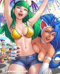 1boy 2others 4girls animal animal_ears armpits arms_up beach bikini bikini_top_only blue_eyes breast_press breasts capcom capybara casual cat_ears claws cleavage clothed_animal commentary company_connection confetti denim denim_shorts dog drinking drunk english_commentary fangs felicia_(vampire) girl_explaining_(meme) green_hair head_wings highres kasugano_sakura large_breasts lilith_aensland meme miniskirt morrigan_aensland multiple_girls multiple_others paid_reward_available palm_tree purple_hair ryu_(street_fighter) short_shorts shorts skirt standing street_fighter suddakka swimsuit tree unaligned_breasts uneven_eyes vampire_(game) wings 