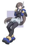  1girl aile_(mega_man_zx) black_bodysuit black_shorts blue_footwear blue_jacket blush bodysuit bodysuit_under_clothes breasts brown_hair cropped_jacket drinking drinking_straw drinking_straw_in_mouth full_body green_eyes highres huanxiang_huifeng jacket large_breasts long_hair mega_man_(series) mega_man_zx mega_man_zx_advent open_clothes open_jacket ponytail robot_ears shoes shorts simple_background solo white_background 