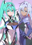  a_(xenoblade) armored_bodysuit ass chest_jewel core_crystal_(xenoblade) earrings gem green_eyes green_hair headpiece hehe_jun highres jewelry long_hair messy_hair neon_trim pneuma_(xenoblade) ponytail siblings swept_bangs tiara very_long_hair xenoblade_chronicles_(series) xenoblade_chronicles_2 xenoblade_chronicles_3 xenoblade_chronicles_3:_future_redeemed 