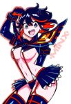 1girl absurdres arm_up artist_logo black_hair breasts commentary english_commentary highres kill_la_kill looking_at_viewer matoi_ryuuko messy_hair midriff minx_art multicolored_hair navel open_mouth red_hair senketsu short_hair simple_background skirt standing streaked_hair suspender_skirt suspenders teeth thighhighs two-tone_hair underboob upper_teeth_only white_background 