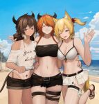  1boy 2girls ;d ^_^ animal_ears arknights bandeau bare_arms bare_shoulders beach bikini bikini_skirt bison_(arknights) black_shorts blonde_hair blue_sky braid breasts brown_hair cleavage closed_eyes clothes_writing cloud commentary_request cowboy_shot croissant_(arknights) croissant_(seeker)_(arknights) cutoffs day facing_viewer grey_eyes hand_up hexxle highres horns large_breasts looking_at_viewer midriff multiple_girls navel ocean one_eye_closed open_mouth orange_hair sandals shirt short_hair short_shorts shorts skirt sky smile sora_(arknights) sora_(summer_flowers)_(arknights) standing stomach strapless swimsuit thigh_strap thighs tied_shirt tube_top twin_braids water white_bikini white_shirt white_skirt wolf_ears 