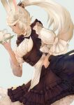  1girl animal_ears apron black_eyes black_skirt blouse corset cup expressionless final_fantasy final_fantasy_xiv frilled_shirt frills holding holding_tray light_blue_background maid nido_celisius ponytail profile puffy_sleeves rabbit_ears shirt sidelocks skirt solo teacup teapot tray viera white_apron white_hair 