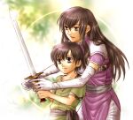  1boy 1girl armor aunt_and_nephew ayra_(fire_emblem) black_eyes black_hair breastplate fire_emblem fire_emblem:_genealogy_of_the_holy_war green_shirt holding holding_sword holding_weapon long_hair open_mouth pauldrons shannan_(fire_emblem) shirt shoulder_armor sword usachu_now weapon 