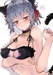  1girl animal_ears antennae arknights bell black_bra blush bra breasts cat_cutout cat_ears cat_lingerie cleavage closed_mouth clothing_cutout collarbone demon_horns fake_animal_ears frilled_bra frills grey_hair highres horns kyuu_(plastic_night_q) large_breasts looking_at_viewer meme_attire neck_bell red_eyes red_nails short_hair simple_background solo underwear upper_body w_(arknights) white_background 
