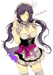  bad_id bad_pixiv_id breasts cleavage cleavage_cutout feathers green_eyes hair_feathers long_hair love_live! love_live!_school_idol_project maid maid_headdress medium_breasts mogyutto_&quot;love&quot;_de_sekkin_chuu! moi_(kun) one_eye_closed purple_hair smile solo toujou_nozomi twintails very_long_hair 