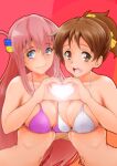  2girls absurdres asymmetrical_docking bikini blue_eyes blush bocchi_the_rock! breast_press breasts brown_eyes brown_hair cleavage closed_mouth collarbone crossover cube_hair_ornament gotoh_hitori hair_ornament hair_ribbon heart heart_hands highres hirasawa_ui k-on! long_hair looking_at_viewer multiple_girls nanashi_noiji navel one_side_up open_mouth pink_hair ponytail purple_bikini ribbon short_hair smile swimsuit teeth tongue upper_teeth_only white_bikini yellow_ribbon 