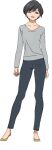  1girl akebi-chan_no_serafuku akebi_yuwa black_hair blue_eyes blue_pants breasts collarbone full_body grey_shirt long_sleeves looking_at_viewer official_art open_mouth pants shirt short_hair simple_background small_breasts solo tachi-e transparent_background yellow_footwear 