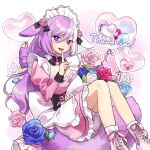  1girl :d absurdres animal_ears balloon bare_legs black_corset blue_flower blue_rose boots bow breasts corset dress flower footwear_bow footwear_ribbon frilled_dress frills headdress heart_balloon highres index_finger_raised juliet_sleeves kaigen_1025 large_breasts long_hair long_sleeves looking_at_viewer multicolored_hair open_mouth original outline pink_dress pink_flower pink_footwear pink_ribbon pink_rose puffy_sleeves purple_background purple_eyes purple_flower purple_hair purple_rose ribbon rose sitting smile solo split-color_hair thank_you two-tone_background two-tone_hair white_background white_flower white_hair white_outline white_rose 
