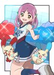  &gt;_&lt; 1girl bare_shoulders blue_pom_poms blue_skirt blue_socks cheerleader detached_sleeves dress fu_(tk1189227dhy) hair_ornament happy highres lacey_(pokemon) looking_at_viewer minun open_mouth pink_hair plusle pokemon pokemon_(creature) pokemon_sv pom_pom_(cheerleading) red_pom_poms shoes short_hair skirt socks sparkle thick_eyebrows white_footwear yellow_eyes 