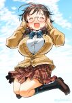  1girl asano_fuka black_hair black_socks blue_bow blue_bowtie blue_sky blush bow bowtie breasts brown_cardigan cardigan closed_eyes cloud day dot_nose full_body glasses hair_bow hair_ribbon hands_on_own_face hands_up highres idolmaster idolmaster_cinderella_girls idolmaster_cinderella_girls_starlight_stage jumping large_breasts loafers long_sleeves low_twintails open_mouth pink_ribbon plaid plaid_skirt pleated_skirt red_skirt ribbon school_uniform shirt shoes short_hair skirt sky smile socks sogabe_toshinori solo twintails twitter_username white_shirt 